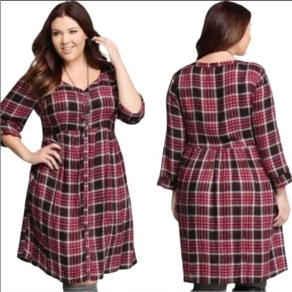 Torrid Burgundy and Black Plaid Button-Front Midi Dress, 2X - Picture 2 of 7